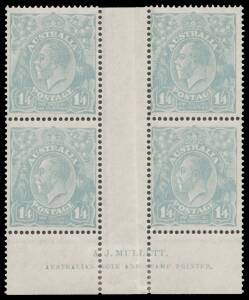 ONE SHILLING & FOURPENCE: 1/4d dull greenish blue Mullett Imprint block of 4 BW #128za, the left-hand units are well centred, the upper units are very lightly mounted, the lower units are unmounted, Cat $3500+ (mounted).