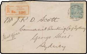ONE SHILLING & FOURPENCE: 1/4d greenish blue tied to cover by 'PATERSON/23JA21/NSW' cds with red/white 'NSW/PATERSON' registration label with blue rouletting (most unusual), the cover a bit aged & the flap removed, Cat $1000 on cover. A rare franking that