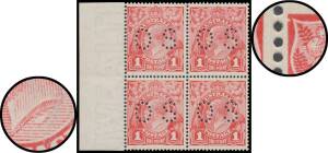 PUNCTURED 'OS': Smooth Paper 1d crimson (G23) with Dry Ink BW #71Nca marginal block of 4 from the left of the sheet, the first three units with Wattle Line (indistinct), Nick in Left Frame near the Top and Neck Flaw #71(4)f g & h, the lower units are unmo
