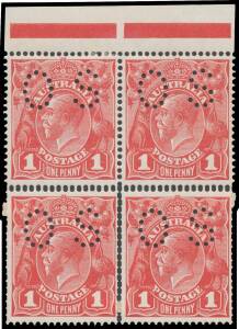 PUNCTURED 'OS': Smooth Paper 1d carmine block of 4 with two Die II-I horizontal pairs BW #71(1)ic additionally with Double Perforations at the base of the upper units & three sides of the lower units, the lower units with remnants of small official repair