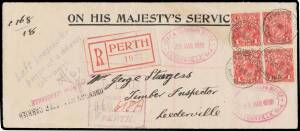 PUNCTURED 'OS': Smooth Paper 1d carmine superb Die II-I block of 4 BW #71(1)ic on 1918 OHMS cover with Perth cds & large red/white registration label, various instructional handstamps & endorsements & very fine double-oval 'POST & TELEGRAPH OFFICE/23MAR19