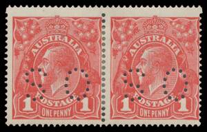 PUNCTURED 'OS': Smooth Paper 1d carmine Die II BW #71(1)ib horizontal pair additionally with 'OS' Inverted, the central perfs reinforced, Cat $2000++. Ex Greg Deleuil. Michael Drury Certificate (2015). [Colonel Harrie Evans' similar Die I-II-II strip of 3