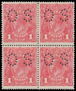 PUNCTURED 'OS': Rough Paper 1d rosine (G68) Dies II-I BW #72(1)ic (SG O54c/f) block of 4, minor black specks on the gum, perfs between the upper pair separated/rejoined, Cat $2950+ (&pound;1640+): see the table on page 4/93. Ex Greg Deleuil. Michael Drury Certi
