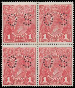 PUNCTURED 'OS': Rough Paper 1d dull carmine (G72) block of 4 [34-35/40-41] comprising Substituted (Dies II-I) Clich&eacute;s plus Thin 'G' in 'POSTAGE' & Pregnant 'Y' BW #72C(2)ja ka L & m, some perf reinforcing, Cat $4000+ (as singles) plus a premium for the sh