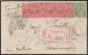 PUNCTURED 'OS': Rough Paper 1d dull red Substituted (Die II) Clich&eacute; plus Thin 'G' in 'POSTAGE' (small fault at upper-left) also two normal units & &frac12;d green tied to WA Titles Office cover to New Zealand by light Perth cds of 19MAR19 that obscures the Die I
