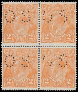 PUNCTURED 'OS': 2d orange with the Watermark Inverted BW #95ba (SG 71w) block of 4, a few split/rejoined perfs & tiny gum-side blemishes, the third unit is unmounted, Cat $1950+ (&pound;1300+): see Note 1 at page 4/254. A very scarce multiple.