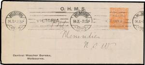 PUNCTURED 'OS': 2d orange with the Watermark Inverted BW #95ba tied to complete Central Weather Bureau lettersheet by Melbourne Krag machine cancellation. A very scarce franking. In fact, it is the only example we know of on cover.