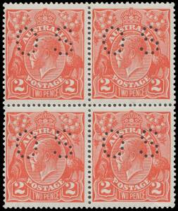 PUNCTURED 'OS': 2d scarlet with the Watermark Inverted BW #96ba (SG O72w) block of 4, a few split perfs, unmounted, Cat $10,000++ (&pound;4800++) mounted: see Note 1 at page 4/260. A rare & delightful multiple. Michael Drury Certificate (2015).