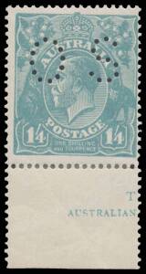 PUNCTURED 'OS': 1/4d deep turquoise-blue BW #128Fa (SG O75b) marginal single with part-Harrison Imprint, reinforced perfs, very lightly mounted, Cat $6500+ (&pound;4000): see Note 2 on page 4/355. Michael Drury Certificate (2015) with the margin folded-under!