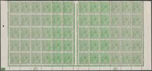HALFPENNY GREEN: Electro 5: &frac12;d bluish green half-sheet of 60 (12x5) with White Flaw in King's Hair, Major Cracked Electro (Advanced State, from L/H Wattles to Kangaroo's Forearm), White Flaw in L/H Wattles, Retouched Top Frame at Left & Thin Fraction at R