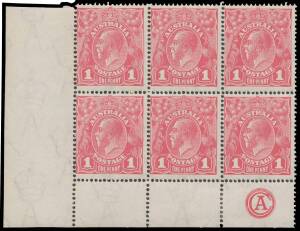 ONE PENNY RED COOKE PRINTINGS: 1d carmine-pink 'CA' Monogram block of 6 BW #73(3)z, minor perf separation/rejoining in the lower margin, two units lightly mounted & four units - including the monogram strip of 3 - are unmounted, Cat $14,750+ as a mounted 