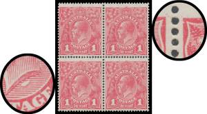 ONE PENNY RED COOKE PRINTINGS: 1d carmine-pink block of 4 [31-32/37-38] with Nick near top of Left-Hand Frame & Flaw below Neck BW #73(4)g & h but the first unit with no trace of the Wattle Line at Upper-Right, lightly to very lightly mounted, Cat $3000++