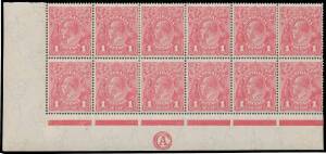 ONE PENNY RED COOKE PRINTINGS: 1d carmine-pink 'CA' Monogram block of 12 (6x2) BW #73(4)z with Ferns (Retouched) & 'RA' Joined, well centred, some perf separation/rejoining that doesn't affect the monogram strip of 3, Cat $18,000+. Ex Greg Deleuil. Michae