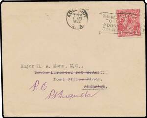 ONE PENNY RED HARRISON PRINTINGS: 1d carmine punctured 'OS' BW #74b on 1932 local yellow-buff unsealed cover with Coat of Arms in blue on the flap, Adelaide slogan cancellation, redirected to Port Augusta (backstamp), Cat $750 on cover. Superb! A remarkab