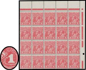 ONE PENNY RED HARRISON PRINTINGS: Plate 3: 1d carmine-rose (G104) corner block of 20 (5x4) from the upper-right of the sheet with "Jubilee Lines" at Top & Right and varieties Colour Spot at Lower-Right Corner, Dot before '1' at Right & Thinned Left-Hand F