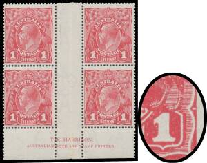 ONE PENNY RED HARRISON PRINTINGS: 1d deep carmine-rose (G105) Harrison Two-Line Imprint block of 4 with White Flaw in Right-Hand Frame by Emu's Feet BW #74(3)z, one unit unmounted, Cat $2000 (mounted).