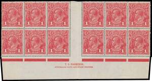 ONE PENNY RED HARRISON PRINTINGS: Plate 4: 1d carmine-rose (G104) Harrison Two-Line Imprint block of 12 (6x2) with Ferns, 'RA' of 'AUSTRALIA' Joined & Kangaroo's Tongue Out BW #74(4)z, unusually well centred for an imprint piece, some toning that doesn't 