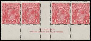 ONE PENNY RED HARRISON PRINTINGS: 1d deep carmine-rose (G105) with the Watermark Inverted BW #74a in Two-Line Harrison Imprint strip of 4 BW #74a(3)z, unmounted, Cat $16,000++ as four normal singles. A unique imprint piece. Michael Drury Certificate (2015