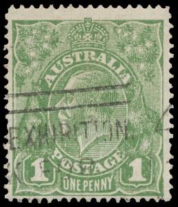 ONE PENNY GREEN: 1d green with the Watermark Inverted BW #78a (SG 82w), slogan cancellation, Cat $30,000 (&pound;18,000). The ACSC states "Two used examples have been traced...a used pair was reported in 1927", but it has not been seen by current collectors.