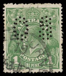 ONE PENNY GREEN: 1d green with Double 'OS' Puncture, remarkably well centred, characteristic rough perfs, Melbourne cds of 3JE25. Not listed in the ACSC and offered "as is".