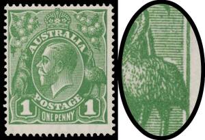 ONE PENNY GREEN - Plate 1: 1d green with Saddle on Emu BW #80(1)e, Cat $3500. This is a rare variety in this issue.