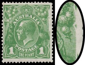 ONE PENNY GREEN Plate 4: 1d green with Wattle Line Fourth State (9mm of Upper Right-Hand Frame Omitted) BW #80(4)fc, minor blemishes, Cat $6000. Michael Drury Certificate (2015). This dramatic variety exists only in Small Multiple Watermark printings, but