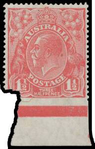 PENNY-HALFPENNY RED: 1&frac12;d red marginal example from the base of the sheet Imperforate at Base BW #91b, crudely separated by hand with the lower-left corner missing & two related 10mm closed tears, Cat $30,000. Michael Drury Certificate (2015). The ACSC sta