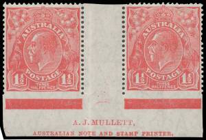 PENNY-HALFPENNY RED: 1&frac12;d red Plate 4 Mullett Imprint pair Imperforate at Base BW #91b, Cat $75,000: see Note 3 at page 4/220. Ex Herbert McNess, Greg Manning International Rarities Auction (1980) and Sir Gawaine Baillie: acquired for $40,250. Michael Drur