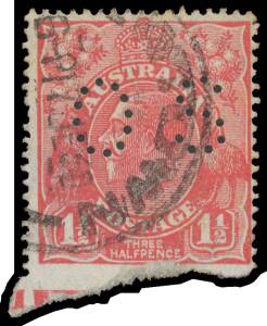 PENNY-HALFPENNY RED: 1&frac12;d red Imperforate at Base BW #91b punctured 'OS', roughly separated at the base leaving part of the "Jubilee Line" in evidence but with coincident minor surface abrasion affecting the lower frame, 'NEWTOWN/17JE30/NSW' cds, Cat $25,0