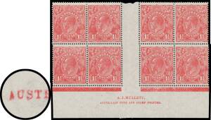 PENNY-HALFPENNY RED: Plate 1a: 1&frac12;d red Plate Dot (.75mm Diameter) block of 4 BW #91(1a)z & Mullett Imprint block of 8 (4x2) with the Identifying "Delta" for first 'A' of 'AUSTRALIAN' BW #91(1a)za, the first block is unmounted, Cat $2250; plus a Plate 1 Pl