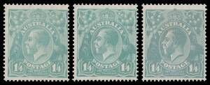 ONE SHILLING & FOURPENCE: 1/4d greenish blue, turquoise-blue (one toned perf-tip) & deep turquoise BW #129A B & C, all very lightly mounted, Cat $4000. Michael Drury Certificate (2015) for the Deep Turquoise.