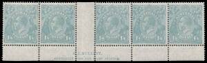 ONE SHILLING & FOURPENCE: 1/4d greenish blue Mullett Imprint strip of 5 (2+3), the last unit with Thick '1' at Right BW #129n, the first & last units are very lightly mounted otherwise unmounted, Cat $4700+ as singles.