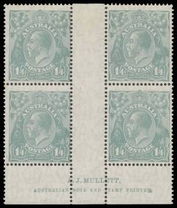 ONE SHILLING & FOURPENCE: 1/4d greenish blue Mullett Imprint block of 4 BW #129z, very lightly mounted, Cat $3500.