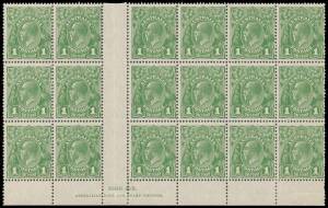 ONE PENNY GREEN: Plate 1: 1d green John Ash ('N' over 'N') Imprint block of 18 (6x3) BW #81(1)zb with Die I-II pairs #81(1)ia x6 (one with Recumbent Spur), unmounted, Cat $1000+.