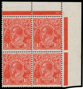 PENNY-HALFPENNY RED: 1&frac12;d deep golden-scarlet BW #92J upper-right corner block of 4 with Plate 2 Dots, unmounted, Cat $3600+. Superb! Michael Drury Certificate (2015).