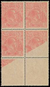 PENNY-HALFPENNY RED: 1&frac12;d scarlet block of 6 (2x3) with five units affected between 15% & 100% by a Strong Offset BW #92ce, unmounted, Cat $6,000+ (for 100% Offset x3 plus a premium for the other two units). Michael Drury Certificate (2015).