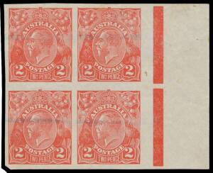 TWOPENCE RED DIE II: 2d imperforate plate proof marginal block of 4 in the issued colour on thin wove paper from the right of the sheet BW #100PP(1), blue pencil lines largely removed (as usual), Cat $4000+. The ACSC states that blocks of 4 are the larges