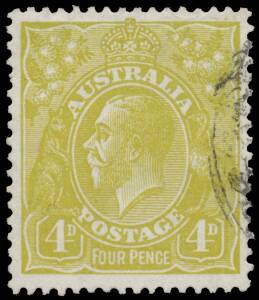 FOURPENCE OLIVE: 4d olive with the Watermark Inverted BW #116a (SG 102w), well centred, a couple of minor wrinkles, light indistinct cds cancellation, Cat $20,000 (&pound;12,000). Michael Drury Certificate (2014, an error for "2015"). The ACSC states "Five exam