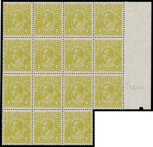 FOURPENCE OLIVE: Plate 4: 4d greenish olive marginal block of 15 (4x4, missing the last unit) with Right-Hand Frame Thickened & Bulging BW #116(4)k, most units are very well centred, unmounted, Cat $1100+. Superb!