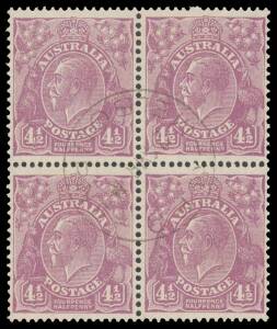 FOURPENCE-HALFPENNY DIE II VIOLET: 4&frac12;d violet BW #121 block of 4 in a pale shade, well centred, CTO with 'GPO/24MR--/MELBOURNE' cds (no year), no gum, Cat $1750: see Note 2 on page 4/337 where it is stated "This stamp, because of the nature of its issue [