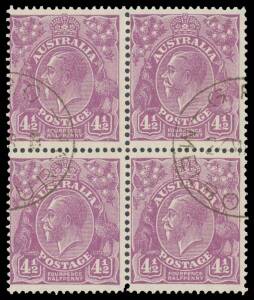 FOURPENCE-HALFPENNY DIE II VIOLET: 4&frac12;d violet BW #121 block of 4 in a deep shade, CTO with central 'GPO/24MR--/MELBOURNE' cds (no year), no gum, Cat $1750.