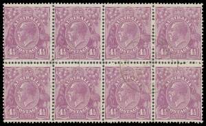 FOURPENCE-HALFPENNY DIE II VIOLET: 4&frac12;d violet BW #121 block of 8 (4x2) in a deep shade, CTO with two central strikes of the 'GPO/24MR--/MELBOURNE' cds (no year), no gum, Cat $3500+. The ACSC states "the largest surviving multiple is believed to be a block