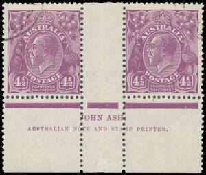 FOURPENCE-HALFPENNY DIE II VIOLET: Plate 3: 4&frac12;d violet John Ash ('N' over 'N') Imprint pair BW #121(3)z, CTO with full unmounted o.g., Cat $15,000 (for a block of 4). Superb! The ACSC states "At least six imprint blocks exist. The [unique] mint imprint bl