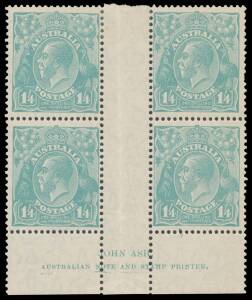 ONE SHILLING & FOURPENCE GREENISH BLUE: 1/4d turquoise-blue John Ash Imprint block of 4 BW #130z, one short perf at upper-right, three units are unmounted, Cat $3000+ (mounted).