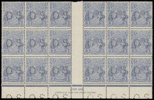 PUNCTURED 'OS': 3d dull blue John Ash Imprint block of 18 (6x3) BW #108az, well centred especially for an imprint piece, unmounted, Cat $1600++ as unmounted singles.