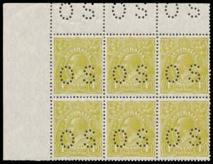 PUNCTURED 'OS': 4d greenish olive upper-left corner block of 4 from the left-hand pane with Flaw in Left-Hand Wattles, Scratch over Left-Hand Wattles and Rounded Upper-Right Corner BW #116(3)d e & f, well centred, the first unit with two closed pinholes, 