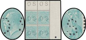 PUNCTURED 'OS': 1/4d greenish blue upper-right corner block of 4 with early states of the Colour Flaw in King's Hair and Flawed Right-Hand Frame & Shading BW #130bi & j, exceptional centring, minor crease in the upper margin just intrudes on the first uni