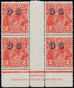 OVERPRINTED 'OS': 2d scarlet Ash Imprint block of 4 with the Watermark Inverted BW #102(OS)a (SG O125w), a couple of split/rejoined perfs in the lower margin otherwise unmounted, undercatalogued at $50,000 (&pound;18,000++ as singles): see Note 1 at page 4/281