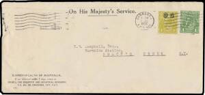 OVERPRINTED 'OS': 4d olive BW #116(OS) - exceptional centring - and 1d green perf 'OS' on CSIRO airmail cover to "Brocks Creek NT", 'CANBERRA/FCT AUS' machine cancellation & Brisbane transit backstamp, the cover with minor blemishes, Cat $800 on cover. A