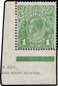 ONE PENNY GREEN: 1d green with the Watermark Reversed BW #82aa (SG 125x) part-imprint example, tiny imperfections on the reverse, very lightly mounted, Cat $4500 (&pound;2000). Michael Drury Certificate (2015).